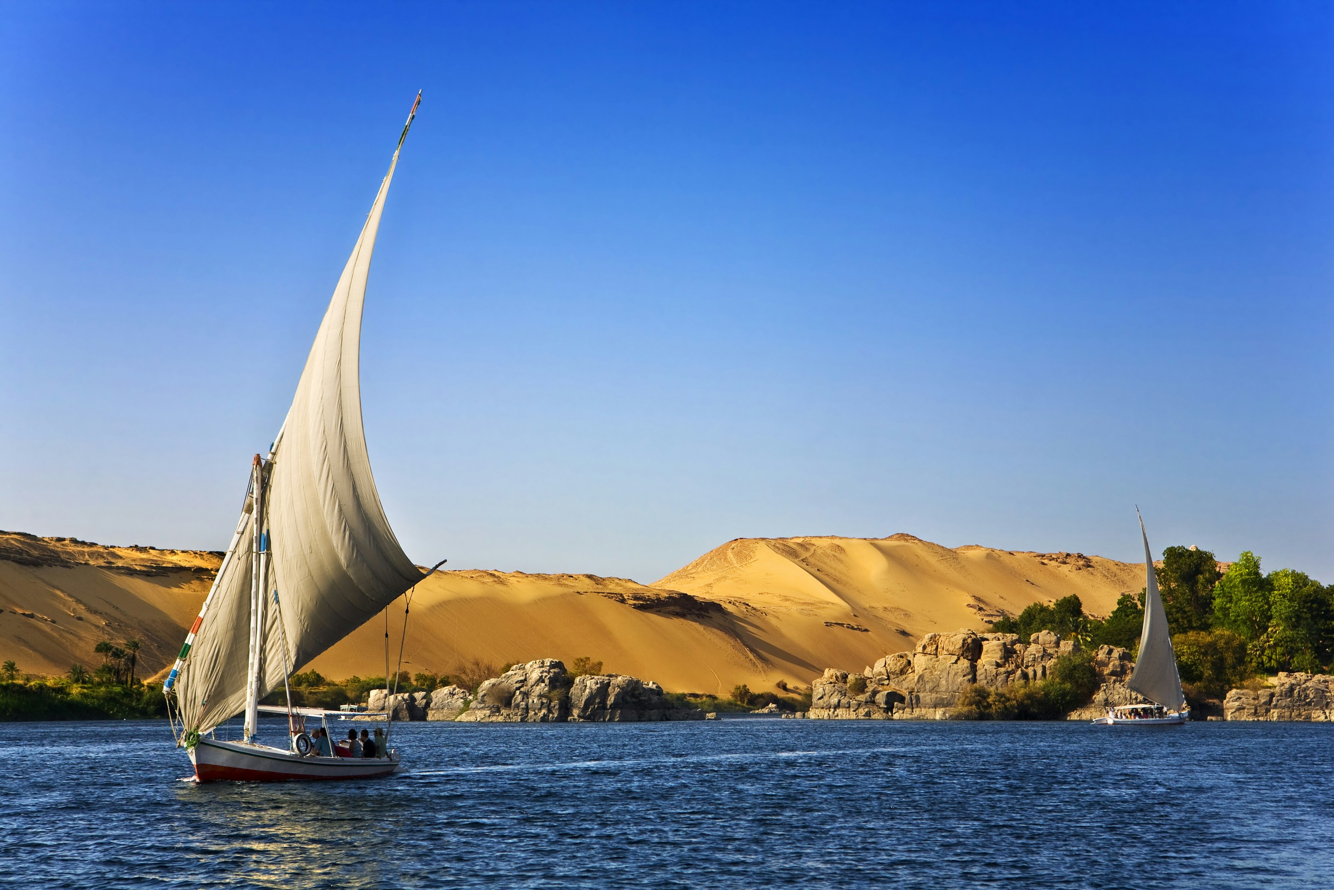 Traditional felucca sailboats on the Nile at sunset